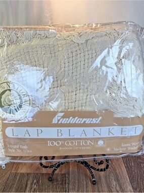VTG Fieldcrest Lap Blanket Throw Loom Woven Fringed Ends 100% Cotton Cream 50x60